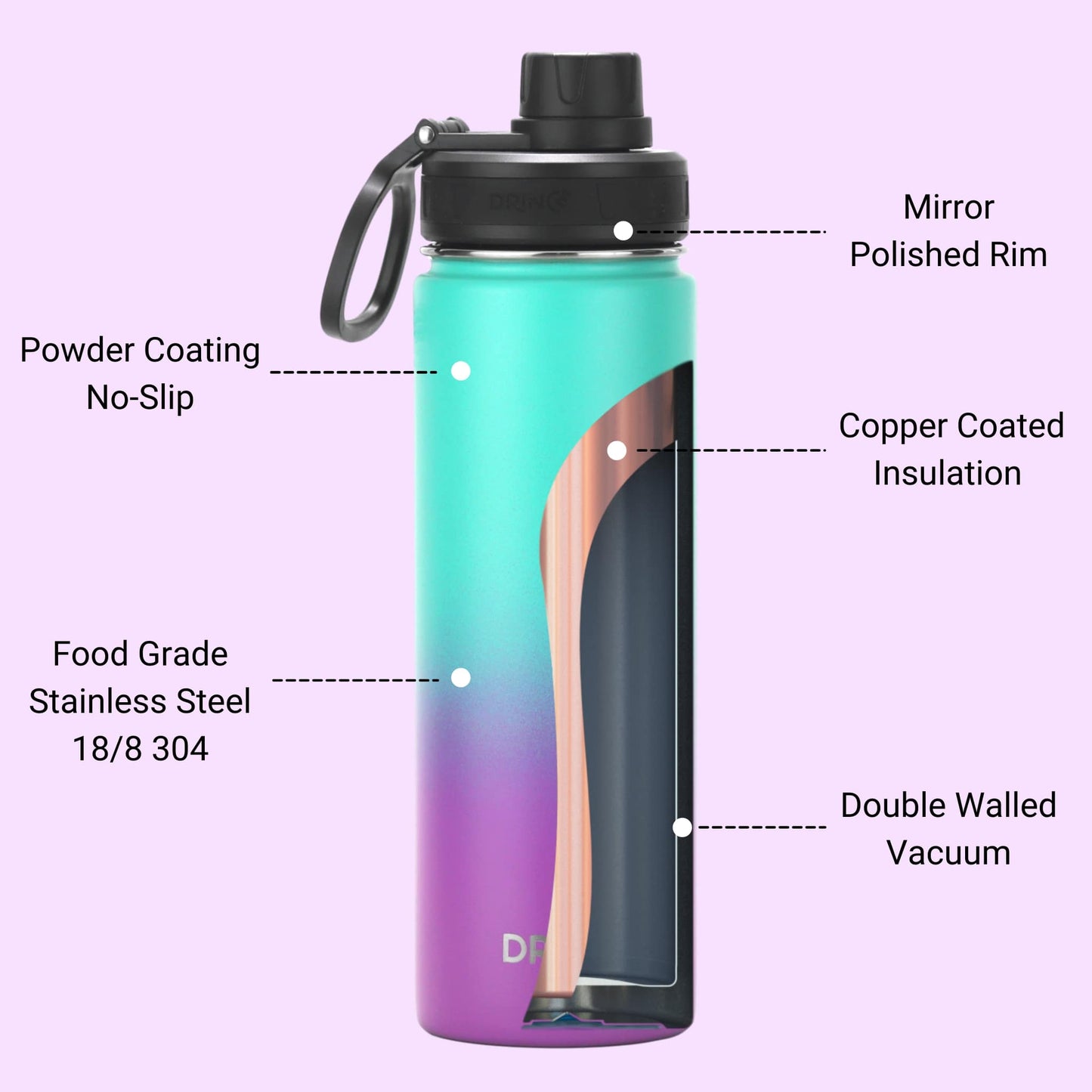 DRINCO® 22oz Stainless Steel Sport Water Bottle - Ombre Fuschia Teal